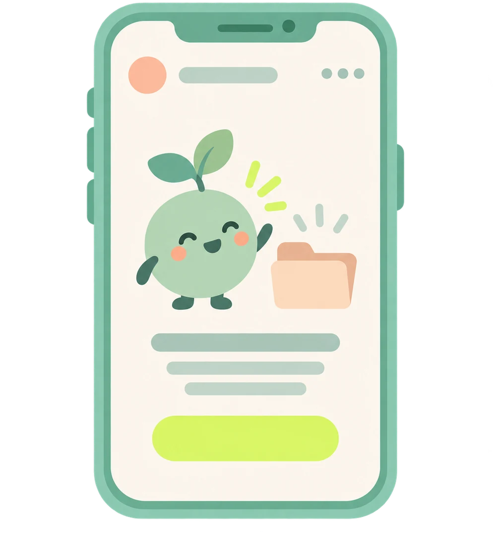 Illustration: a phone showing an empty state with a small sprout mascot waving next to an empty folder