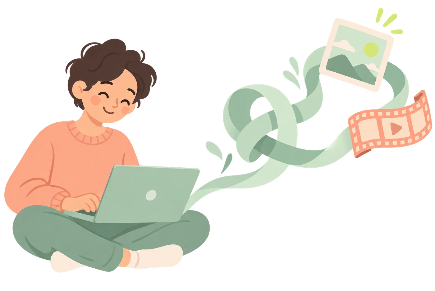 Illustration: a developer on a laptop; a ribbon from the screen ties into a knot and turns into a picture and a film strip
