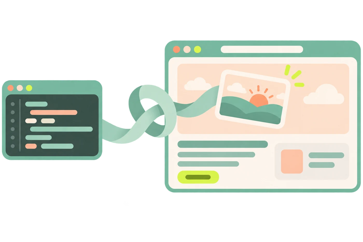 Illustration: a ribbon from a code editor ties into a knot and carries a sunrise picture into the empty hero of a website